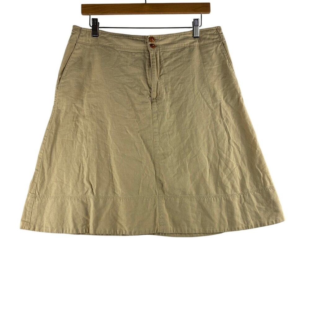 Vtg George Khaki Skirt Lace Women’s 12/32” Linen Cotton Y2K A Line Double Button